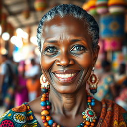 A stunning close-up portrait of a mid-aged African woman with gracefully smiling features, wearing colorful traditional attire adorned with intricate patterns