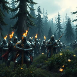 A dramatic scene depicting an army of knights in shining armor searching for a lost prince in a dense, mystical forest