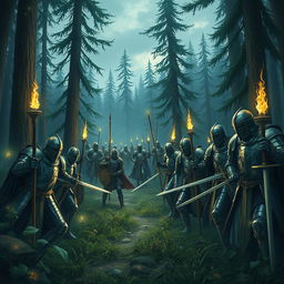 A dramatic scene depicting an army of knights in shining armor searching for a lost prince in a dense, mystical forest