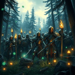 A dramatic scene depicting an army of knights in shining armor searching for a lost prince in a dense, mystical forest