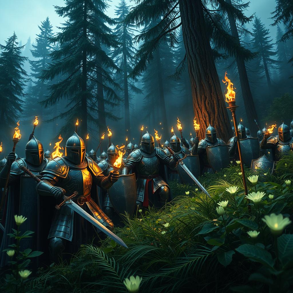 A dramatic scene depicting an army of knights in shining armor searching for a lost prince in a dense, mystical forest