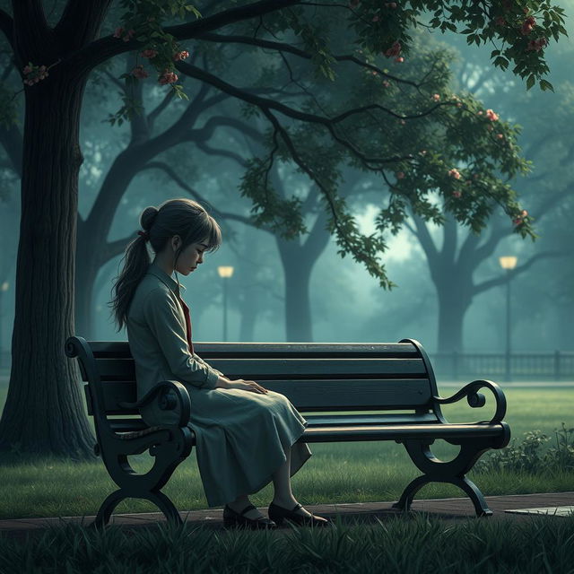 A dramatic and emotional scene unfolded in a beautifully detailed park where Clara is sitting alone on a bench, tears streaming down her face, her expression full of sorrow as she mourns her father's death