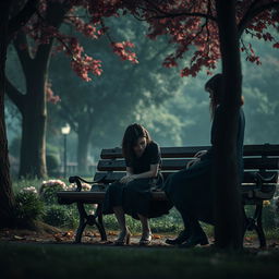 A dramatic and emotional scene unfolded in a beautifully detailed park where Clara is sitting alone on a bench, tears streaming down her face, her expression full of sorrow as she mourns her father's death