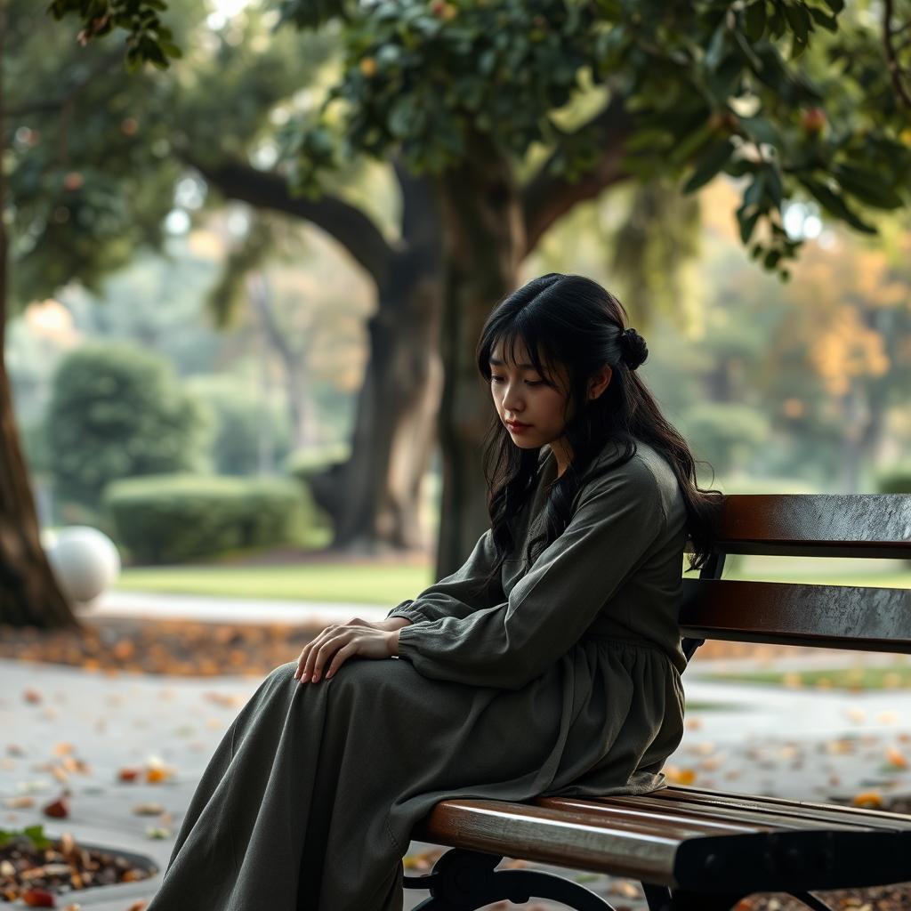 A dramatic and emotional scene unfolded in a beautifully detailed park where Clara is sitting alone on a bench, tears streaming down her face, her expression full of sorrow as she mourns her father's death
