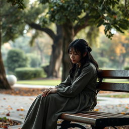 A dramatic and emotional scene unfolded in a beautifully detailed park where Clara is sitting alone on a bench, tears streaming down her face, her expression full of sorrow as she mourns her father's death
