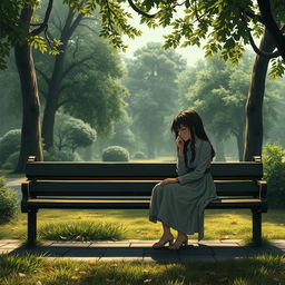 A dramatic and emotional scene unfolded in a beautifully detailed park where Clara is sitting alone on a bench, tears streaming down her face, her expression full of sorrow as she mourns her father's death