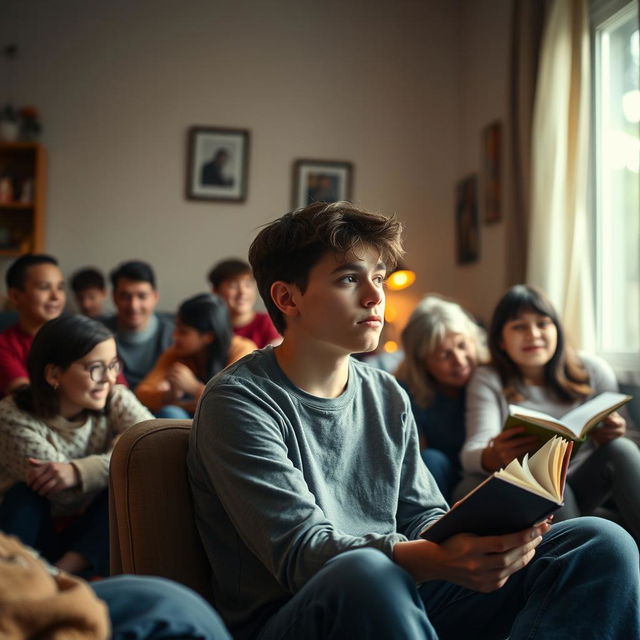 A teenage boy sitting alone in a room filled with family members, looking thoughtful and introspective, slightly detached from the joyful atmosphere around him