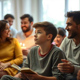 A teenage boy sitting alone in a room filled with family members, looking thoughtful and introspective, slightly detached from the joyful atmosphere around him