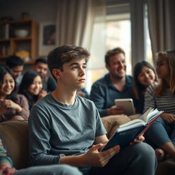 A teenage boy sitting alone in a room filled with family members, looking thoughtful and introspective, slightly detached from the joyful atmosphere around him