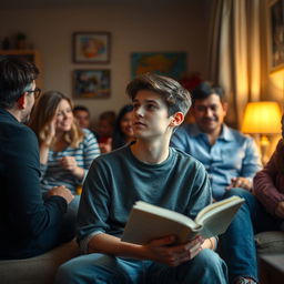 A teenage boy sitting alone in a room filled with family members, looking thoughtful and introspective, slightly detached from the joyful atmosphere around him