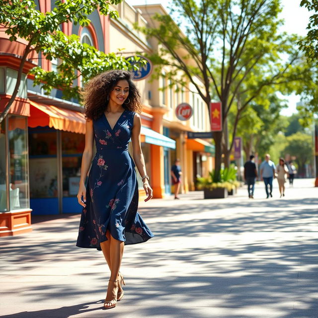 A vibrant street scene featuring a well-dressed woman confidently walking along a sunlit boulevard