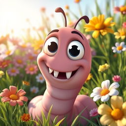 A whimsical scene featuring a cartoonish worm with big, bright eyes and an array of tiny, adorable teeth