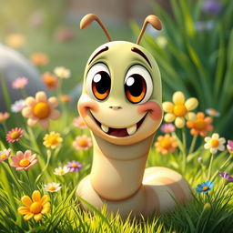 A whimsical scene featuring a cartoonish worm with big, bright eyes and an array of tiny, adorable teeth