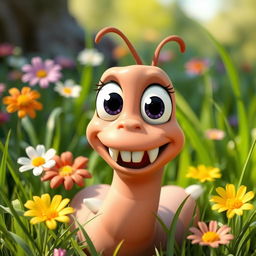 A whimsical scene featuring a cartoonish worm with big, bright eyes and an array of tiny, adorable teeth