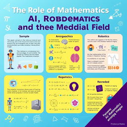 A vibrant and informative poster presentation illustrating 'The Role of Mathematics in AI, Robotics, and the Medical Field'