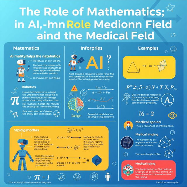 A vibrant and informative poster presentation illustrating 'The Role of Mathematics in AI, Robotics, and the Medical Field'