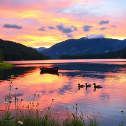 A serene landscape featuring a tranquil lake surrounded by lush green forests and majestic mountains under a vibrant sunset sky