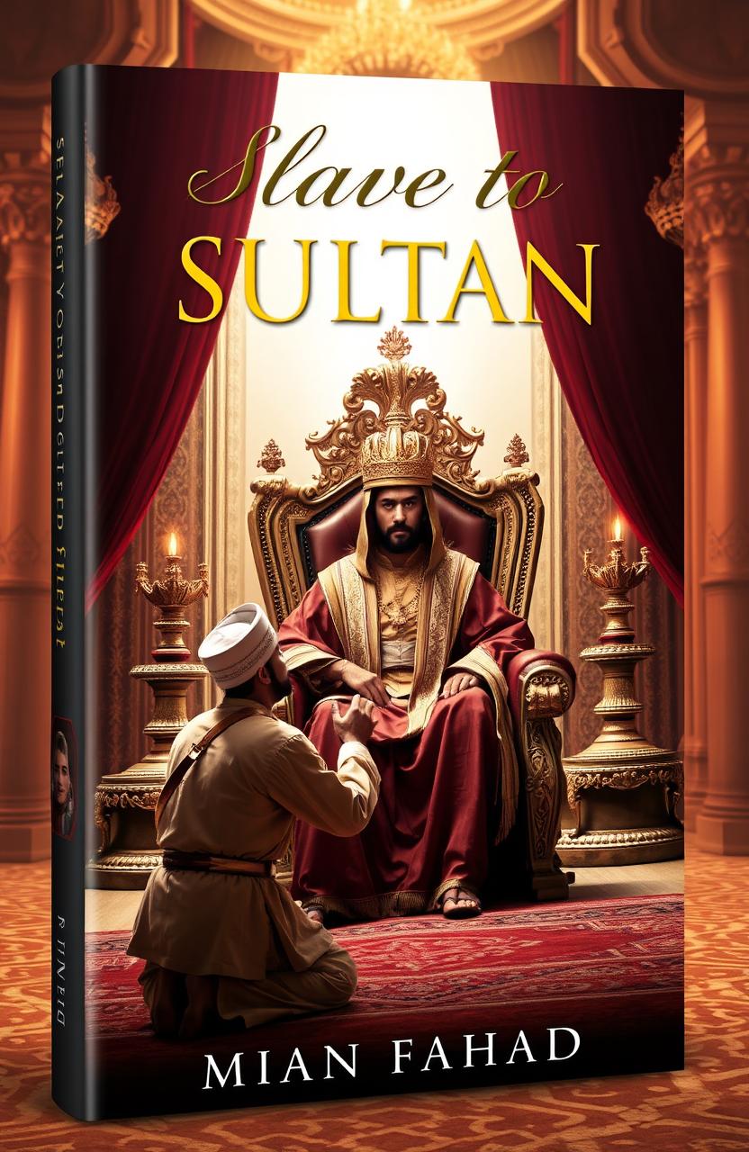 A book cover for 'Slave to Sultan' by Mian Fahad, featuring a dramatic scene of a man dressed in historical Middle Eastern attire, kneeling before a powerful sultan seated on an ornate throne