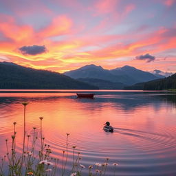 A serene landscape featuring a tranquil lake surrounded by lush green forests and majestic mountains under a vibrant sunset sky