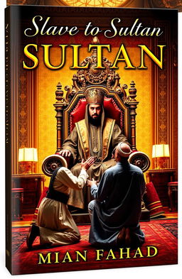 A book cover for 'Slave to Sultan' by Mian Fahad, featuring a dramatic scene of a man dressed in historical Middle Eastern attire, kneeling before a powerful sultan seated on an ornate throne