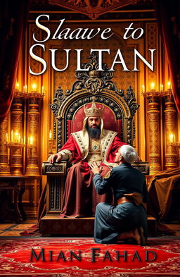 A book cover for 'Slave to Sultan' by Mian Fahad, featuring a dramatic scene of a man dressed in historical Middle Eastern attire, kneeling before a powerful sultan seated on an ornate throne