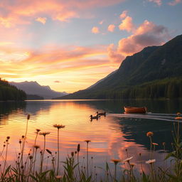 A serene landscape featuring a tranquil lake surrounded by lush green forests and majestic mountains under a vibrant sunset sky