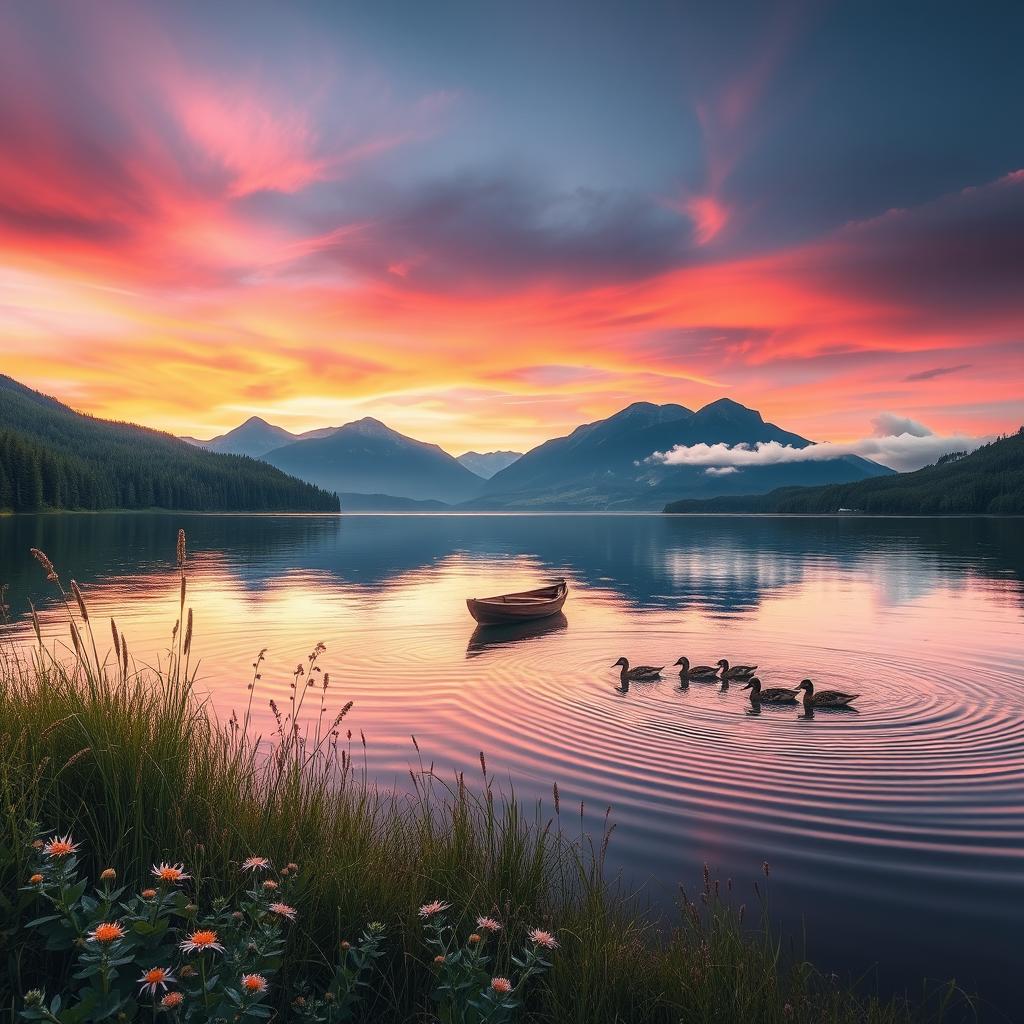 A serene landscape featuring a tranquil lake surrounded by lush green forests and majestic mountains under a vibrant sunset sky