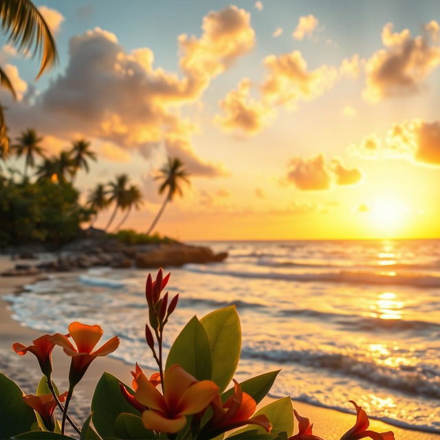 A beautifully edited professional photo featuring a stunning golden sunset over a serene beach, with soft waves gently lapping at the shore