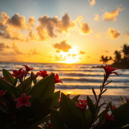 A beautifully edited professional photo featuring a stunning golden sunset over a serene beach, with soft waves gently lapping at the shore