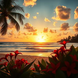 A beautifully edited professional photo featuring a stunning golden sunset over a serene beach, with soft waves gently lapping at the shore