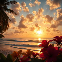 A beautifully edited professional photo featuring a stunning golden sunset over a serene beach, with soft waves gently lapping at the shore
