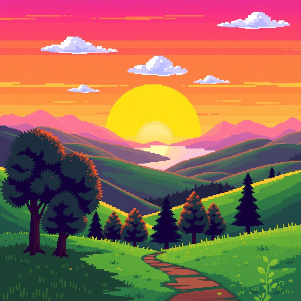 A vibrant and colorful retro landscape in pixel art style, featuring rolling hills in bright green, a sunset with shades of orange and pink, and a serene lake reflecting the sky