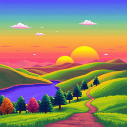 A vibrant and colorful retro landscape in pixel art style, featuring rolling hills in bright green, a sunset with shades of orange and pink, and a serene lake reflecting the sky