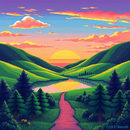 A vibrant and colorful retro landscape in pixel art style, featuring rolling hills in bright green, a sunset with shades of orange and pink, and a serene lake reflecting the sky