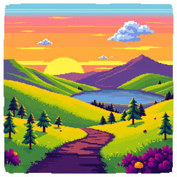A vibrant and colorful retro landscape in pixel art style, featuring rolling hills in bright green, a sunset with shades of orange and pink, and a serene lake reflecting the sky