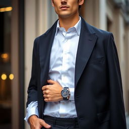 A sophisticated individual elegantly dressed in formal attire, featuring a crisp white shirt and a tailored black coat over it