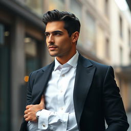 A sophisticated individual elegantly dressed in formal attire, featuring a crisp white shirt and a tailored black coat over it