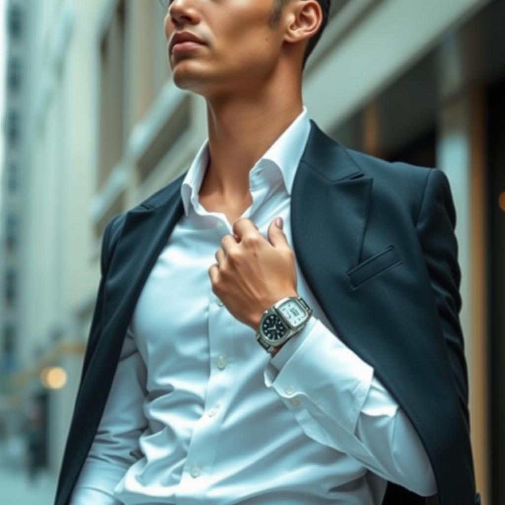 A sophisticated individual elegantly dressed in formal attire, featuring a crisp white shirt and a tailored black coat over it