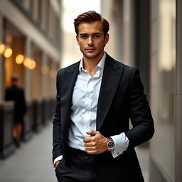 A sophisticated individual elegantly dressed in formal attire, featuring a crisp white shirt and a tailored black coat over it
