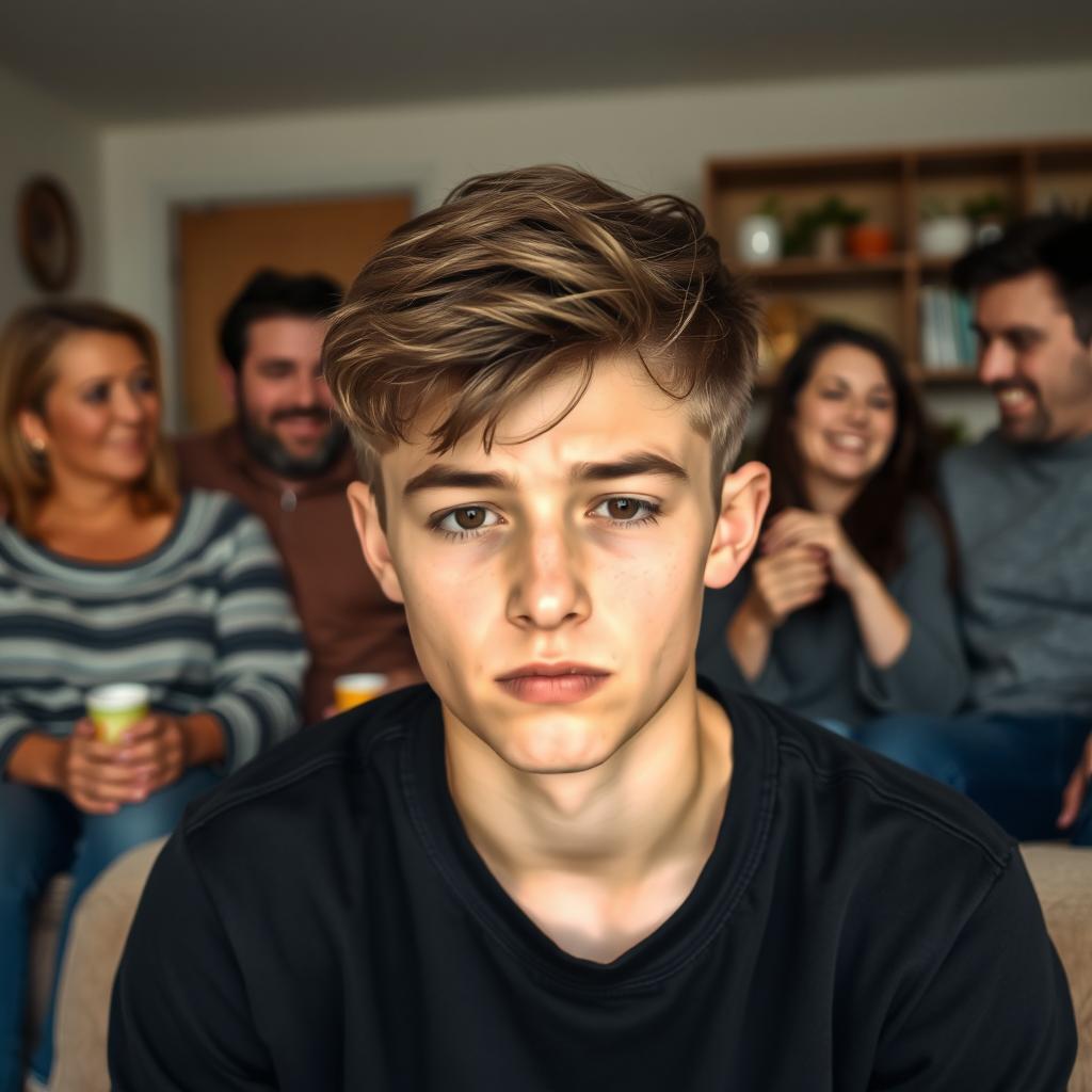 A teenage boy wearing black clothes, sitting quietly with his family in a living room