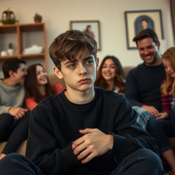 A teenage boy wearing black clothes, sitting quietly with his family in a living room