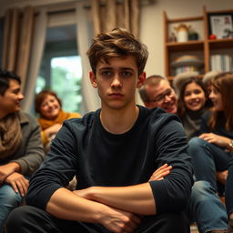 A teenage boy wearing black clothes, sitting quietly with his family in a living room