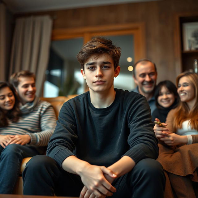 A teenage boy wearing black clothes, sitting quietly with his family in a living room