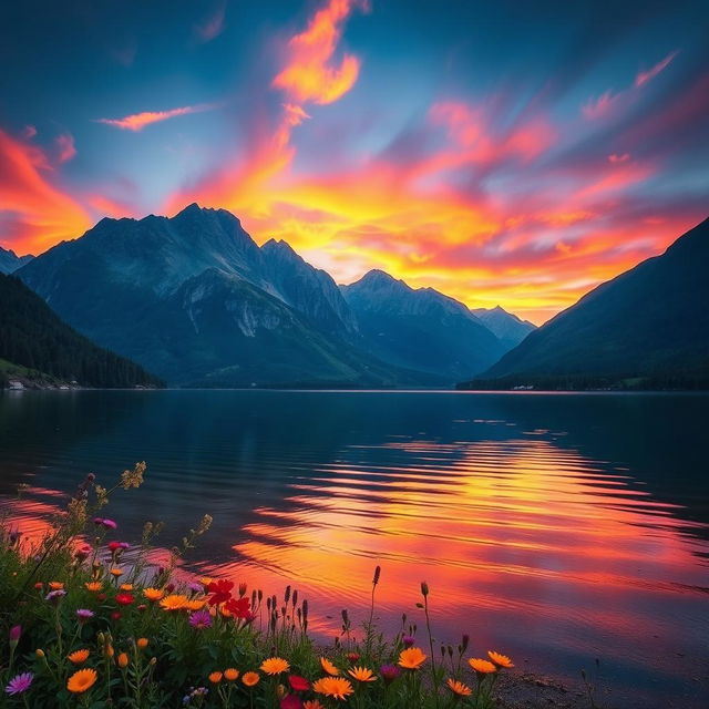 A stunningly beautiful landscape featuring a serene lake surrounded by majestic mountains under a vibrant sunset sky