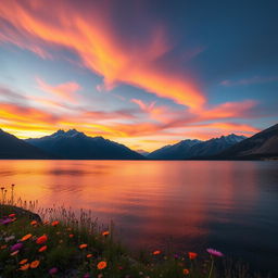 A stunningly beautiful landscape featuring a serene lake surrounded by majestic mountains under a vibrant sunset sky