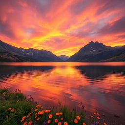 A stunningly beautiful landscape featuring a serene lake surrounded by majestic mountains under a vibrant sunset sky
