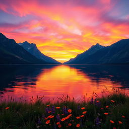 A stunningly beautiful landscape featuring a serene lake surrounded by majestic mountains under a vibrant sunset sky