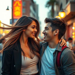 A visually striking scene depicting a beautiful young woman with long flowing hair, wearing a stylish outfit, playfully interacting with a handsome young man, who has an engaging smile