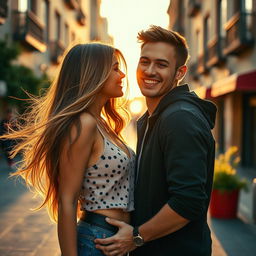 A visually striking scene depicting a beautiful young woman with long flowing hair, wearing a stylish outfit, playfully interacting with a handsome young man, who has an engaging smile