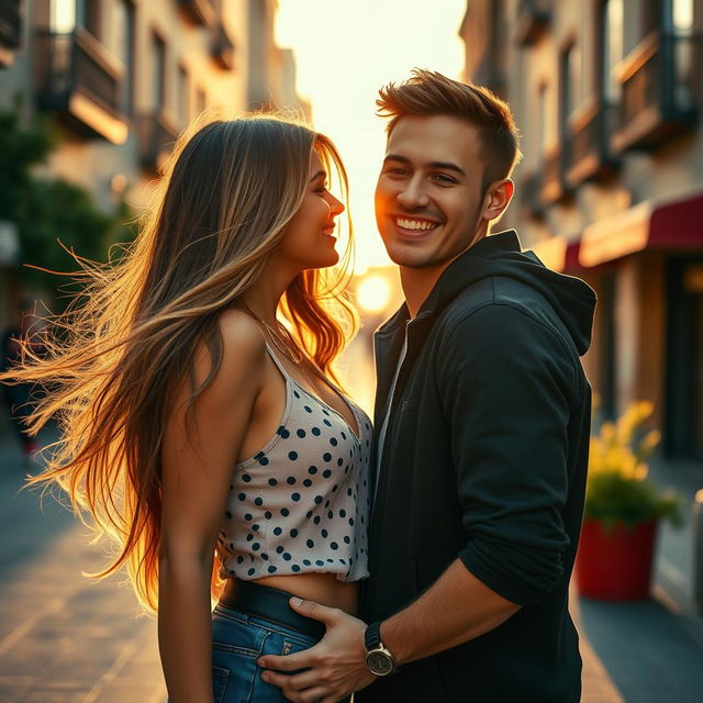 A visually striking scene depicting a beautiful young woman with long flowing hair, wearing a stylish outfit, playfully interacting with a handsome young man, who has an engaging smile